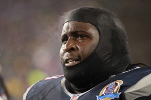 Dec 16, 2012; Foxboro, Massachusetts, USA; Steam rises off the head of then-New England Patriots defensive tackle Kyle Love (74) during the second quarter at Gillette Stadium.  Credit: Greg M. Cooper-USA TODAY Sports