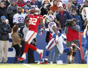 Nov 3, 2013; Orchard Park, NY; Chiefs wide receiver Dwayne Bowe (82) hauls in a catch against the Buffalo Bills at Ralph Wilson Stadium. Credit: Kevin Hoffman-USA TODAY Sports