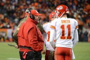 November 17, 2013; Denver, CO, USA;  Chiefs head coach Andy Reid (left) talks to quarterback Alex Smith (11) during the fourth quarter against the Broncos at Sports Authority Field at Mile High. Credit: Kyle Terada-USA TODAY Sports