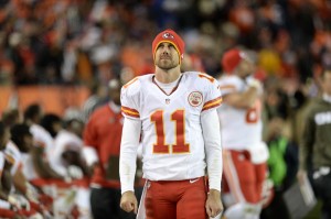 Nov 17, 2013; Denver, CO, USA; Kansas City Chiefs quarterback Alex Smith (11) on his sidelines late in the fourth quarter against the Denver Broncos at Sports Authority Field at Mile High. Credit: Ron Chenoy-USA TODAY Sports