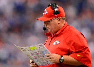 Jan 4, 2014; Indianapolis, IN, USA; Kansas City Chiefs head coach Andy Reid on the sidelines during the first quarter of the 2013 AFC wild card playoff football game against the Indianapolis Colts at Lucas Oil Stadium. Mandatory Credit: Andrew Weber-USA TODAY Sports