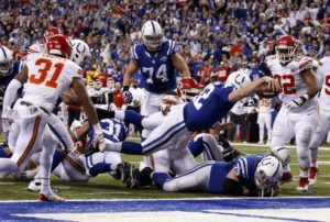 Jan 4, 2014; Indianapolis, IN, USA; Indianapolis Colts quarterback Andrew Luck (12) dives in for a touchdown against the Kansas City Chiefs in the fourth quarter during the 2013 AFC wild card playoff football game at Lucas Oil Stadium. Credit: Brian Spurlock-USA TODAY Sports
