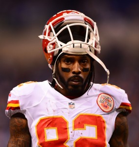 Jan 4, 2014; Indianapolis, IN, USA; Kansas City Chiefs wide receiver Dwayne Bowe (82) during the 2013 AFC wild card playoff football game against the Indianapolis Colts at Lucas Oil Stadium. Mandatory Credit: Andrew Weber-USA TODAY Sports