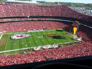 Press box view of the Chiefs taking the field minutes before kickoff. 