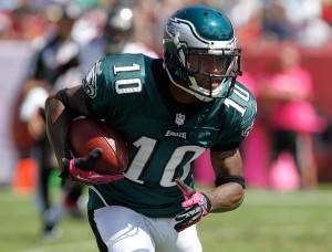 Oct 13, 2013; Tampa, FL, USA; Philadelphia Eagles wide receiver DeSean Jackson (10) runs with the ball against the Tampa Bay Buccaneers at Raymond James Stadium. Mandatory Credit: Kim Klement-USA TODAY Sports