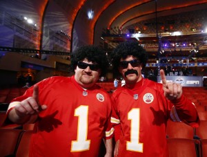 Apr 25, 2013; New York, NY, USA; Kansas City Chiefs fans Chad Comeau (left) and Chris Keller pose for a photo before the 2013 NFL Draft at Radio City Music Hall. Mandatory Credit: Jerry Lai-USA TODAY Sports