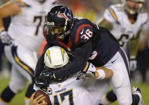 Sep 9, 2013; San Diego, CA, USA; Houston Texans safety Danieal Manning (38) sacks San Diego Chargers quarterback Philip Rivers (17) at Qualcomm Stadium. Mandatory Credit: Kirby Lee-USA TODAY Sports