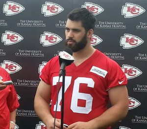 May 25, 2014; Kansas City, MO; Chiefs rookie OT Laurent Duvernay-Tardif addressing media during Day Two of rookie minicamp at the team’s training facility. Credit: Teope.