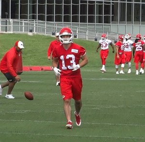 May 27, 2014; Kansas City, MO; Chiefs WR Weston Dressler (13) warming up on Day One of OTAs at the team’s practice facility. Credit: Steve Brown, ChiefsSpin.com.