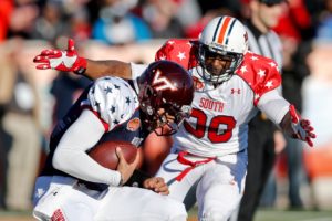 Jan 25, 2014; Mobile, AL, USA; Outside linebacker Dee Ford (30), the Chiefs’ 2014 first-round pick (23rd overall), recording a sack in the Senior Bowl. Credit: Derick E. Hingle-USA TODAY Sports