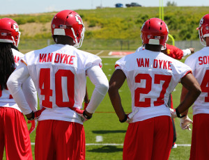 May 28, 2014; Kansas City, MO; Chiefs cornerbacks and first cousins DeMarcus Van Dyke (40) and David Van Dyke (27) during OTAs at the team's training facility. Credit: Chiefs PR. 