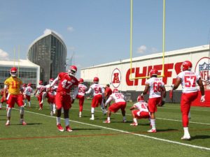 May 28, 2014; Kansas City, MO; Chiefs players warming up on Day Two of OTAs at the team’s training facility. Photo used with permission. Credit: KCChiefs.com.