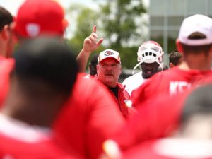 May 29, 2014; Kansas City, MO; Chiefs coach Andy Reid addressing players on Day Three of OTAs at the team's training facility. Photo used with permission by Chiefs PR. Credit: KCChiefs.com.