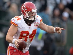 Dec 15, 2013; Oakland, CA, USA; Kansas City Chiefs tight end Sean McGrath celebrates after scoring a touchdown against the Oakland Raiders at O.co Coliseum. Credit: Kirby Lee-USA TODAY Sports