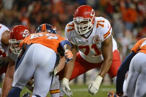 November 17, 2013; Denver, CO, USA; Kansas City Chiefs guard Jeff Allen (71) blocks against the Denver Broncos at Sports Authority Field at Mile High. Credit: Kyle Terada-USA TODAY Sports 