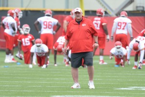 Jun 17, 2014; Kansas City, MO, USA; Chiefs coach Andy Reid watches drills during minicamp at the team’s training complex. Credit: Denny Medley-USA TODAY Sports