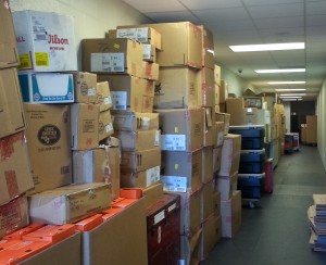 July 15, 2014; Kansas City, MO; Packed boxes line a hallway at the Chiefs training facility in preparation for training camp in St. Joseph, Mo. 