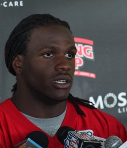 July 24, 2014; St. Joseph, MO; Chiefs running back Jamaal Charles answering questions about his new contract extension following the first full practice of  training camp. Credit: Matt Derrick, ChiefsSpin.com