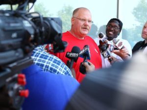 July 20, 2014; St. Joseph, MO: Chiefs coach Andy Reid addresses media as rookies, quarterbacks and injured players report for training camp. Photo used with permission from Chiefs PR. Credit: KCChiefs.com. 