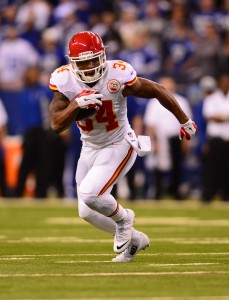 Jan 4, 2014; Indianapolis; Chiefs running back Knile Davis (34) during the 2013 AFC wild card playoff football game against the Indianapolis Colts at Lucas Oil Stadium. Credit: Andrew Weber-USA TODAY Sports
