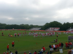 Aug. 11, 2014; St. Joseph, MO; General view of players warming up before training camp practice. 