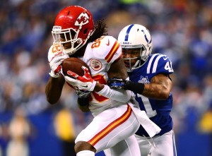 Jan 4, 2014; Indianapolis; Chiefs wide receiver Junior Hemingway (88) makes a catch while being defended by Indianapolis Colts strong safety Antoine Bethea (41) at Lucas Oil Stadium. Credit: Andrew Weber-USA TODAY Sports