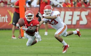 Jul 26, 2014; St. Joseph, MO; Chiefs cornerback Phillip Gaines (23) defends against wide receiver Kyle Williams (19) during training camp. Credit: John Rieger-USA TODAY Sports