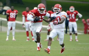 Jul 26, 2014; St. Joseph, MO; Chiefs wide receiver Donnie Avery (17) catches a pass against cornerback Chris Owens (20) during training camp. Credit: John Rieger-USA TODAY Sports