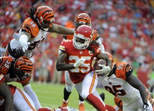 Aug 7, 2014; Kansas City, MO; Chiefs running back Jamaal Charles (25) in action against the Cincinnati Bengals during the preseason opener at Arrowhead Stadium. Credit: John Rieger-USA TODAY Sports