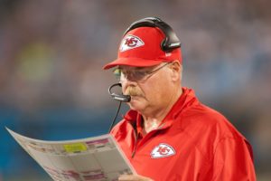 Aug 17, 2014; Charlotte, NC; Chiefs head coach Andy Reid reads the play sheet during the second quarter against the Carolina Panthers at Bank of America Stadium. Credit: Jeremy Brevard-USA TODAY Sports