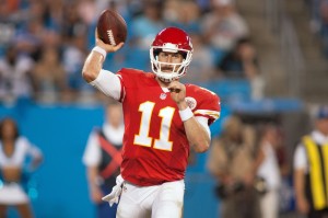 Aug 17, 2014; Charlotte, NC; Chiefs quarterback Alex Smith (11) throws a pass against the Carolina Panthers at Bank of America Stadium. Credit: Jeremy Brevard-USA TODAY Sports