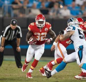 Aug 17, 2014; Charlotte, NC; Chiefs running back Cyrus Gray (32) runs the ball against the Carolina Panthers at Bank of America Stadium. Credit: Jeremy Brevard-USA TODAY Sports