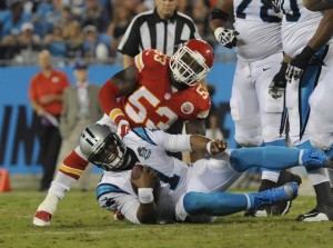 Aug 17, 2014; Charlotte, NC; Chiefs linebacker Joe Mays (53) sacks Panthers quarterback Cam Newton (1) at Bank of America Stadium. Credit: Sam Sharpe-USA TODAY Sports