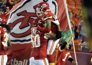 Aug 23, 2014; Kansas City, MO; Chiefs wide receiver Albert Wilson (8) celebrates with offensive tackle Ryan Harris (60) after scoring a touchdown at Arrowhead Stadium. Credit: John Rieger-USA TODAY Sports