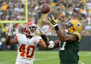 Aug 28, 2014; Green Bay, WI; Chiefs defensive back DeMarcus Van Dyke (40) defends against Packers wide receiver Davante Adams (17) at Lambeau Field. Credit: Benny Sieu-USA TODAY Sports
