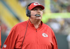 Aug 28, 2014; Green Bay, WI; Chiefs head coach Andy Reid on the sidelines against the Green Bay Packers at Lambeau Field. Credit: Benny Sieu-USA TODAY Sports