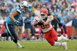 Oct 6, 2013; Nashville, TN; Chiefs running back Jamaal Charles (25) runs with the ball with Titans defensive end Ropati Pitoitua (92) in pursuit at LP Field.Credit: Jim Brown-USA TODAY Sports