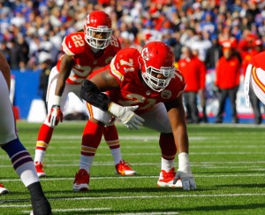 Nov 3, 2013; Orchard Park, NY; Chiefs guard Jeff Allen (71) against the Buffalo Bills at Ralph Wilson Stadium in 2013. Allen will start at right tackle for the 2014 season opener. Credit: Timothy T. Ludwig-USA TODAY Sports