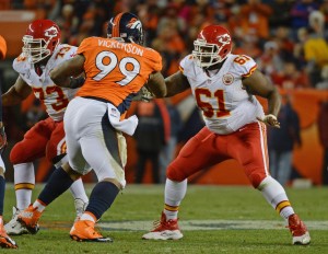 November 17, 2013; Denver, CO; Then-Broncos defensive tackle Kevin Vickerson (99) against Chiefs center Rodney Hudson (61) at Sports Authority Field at Mile High. Credit: Kyle Terada-USA TODAY Sports