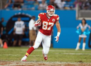Aug 17, 2014; Charlotte, NC; Chiefs tight end Travis Kelce (87) runs after catching a pass against the Carolina Panthers at Bank of America Stadium. Credit: Jeremy Brevard-USA TODAY Sports
