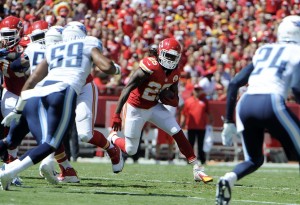 Sep 7, 2014; Kansas City, MO; Chiefs running back Jamaal Charles (25) carries the ball against the Tennessee Titans at Arrowhead Stadium. Credit: John Rieger-USA TODAY Sports