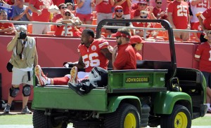 Sep 7, 2014; Kansas City, MO; Chiefs inside linebacker Derrick Johnson (56) leaves the field on a cart against the Tennessee Titans in the first half at Arrowhead Stadium. Credit: John Rieger-USA TODAY Sports
