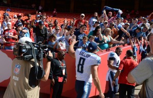 Sep 7, 2014; Kansas City, MO; Titans kicker Ryan Succop (8) waves to the fans after the game at Arrowhead Stadium. Credit: John Rieger-USA TODAY Sports