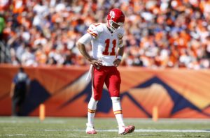 Sep 14, 2014; Denver, CO; Chiefs quarterback Alex Smith (11) during the second half against the Denver Broncos at Sports Authority Field at Mile High. Credit: Chris Humphreys-USA TODAY Sports