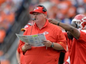 Sep 14, 2014; Denver, CO; Chiefs coach Andy Reid on the sidelines at Sports Authority Field at Mile High. Credit: Ron Chenoy-USA TODAY Sports
