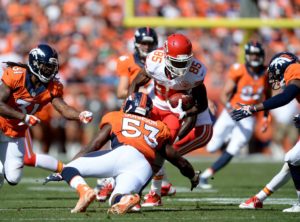 Sep 14, 2014; Denver, CO; Chiefs wide receiver Frankie Hammond (85) returns a kick against the Broncos at Sports Authority Field at Mile High. Credit: Ron Chenoy-USA TODAY Sports