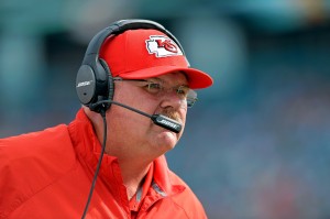 Sep 21, 2014; Miami Gardens, FL; Chiefs head coach Andy Reid watches from the sideline against the Miami Dolphins during the first half at Sun Life Stadium. Credit: Steve Mitchell-USA TODAY Sports