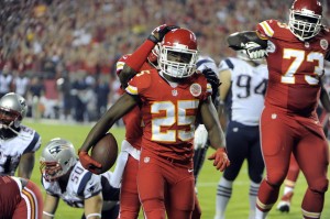 Sep 29, 2014; Kansas City, MO; Chiefs running back Jamaal Charles (25) celebrates after scoring a touchdown against the New England Patriots at Arrowhead Stadium. Credit: John Rieger-USA TODAY Sports