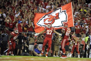 Sep 29, 2014; Kansas City, MO; Chiefs tight end Travis Kelce (87) celebrates after scoring a touchdown against the Patriots at Arrowhead Stadium. Credit: John Rieger-USA TODAY Sports