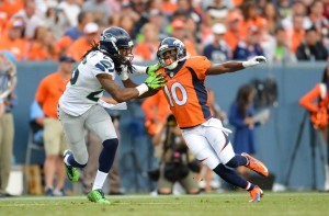 Aug 7, 2014; Denver, CO; Broncos wide receiver Emmanuel Sanders (10) against the Seahawks in a preseason game at Sports Authority Field at Mile High. Credit: Ron Chenoy-USA TODAY Sports